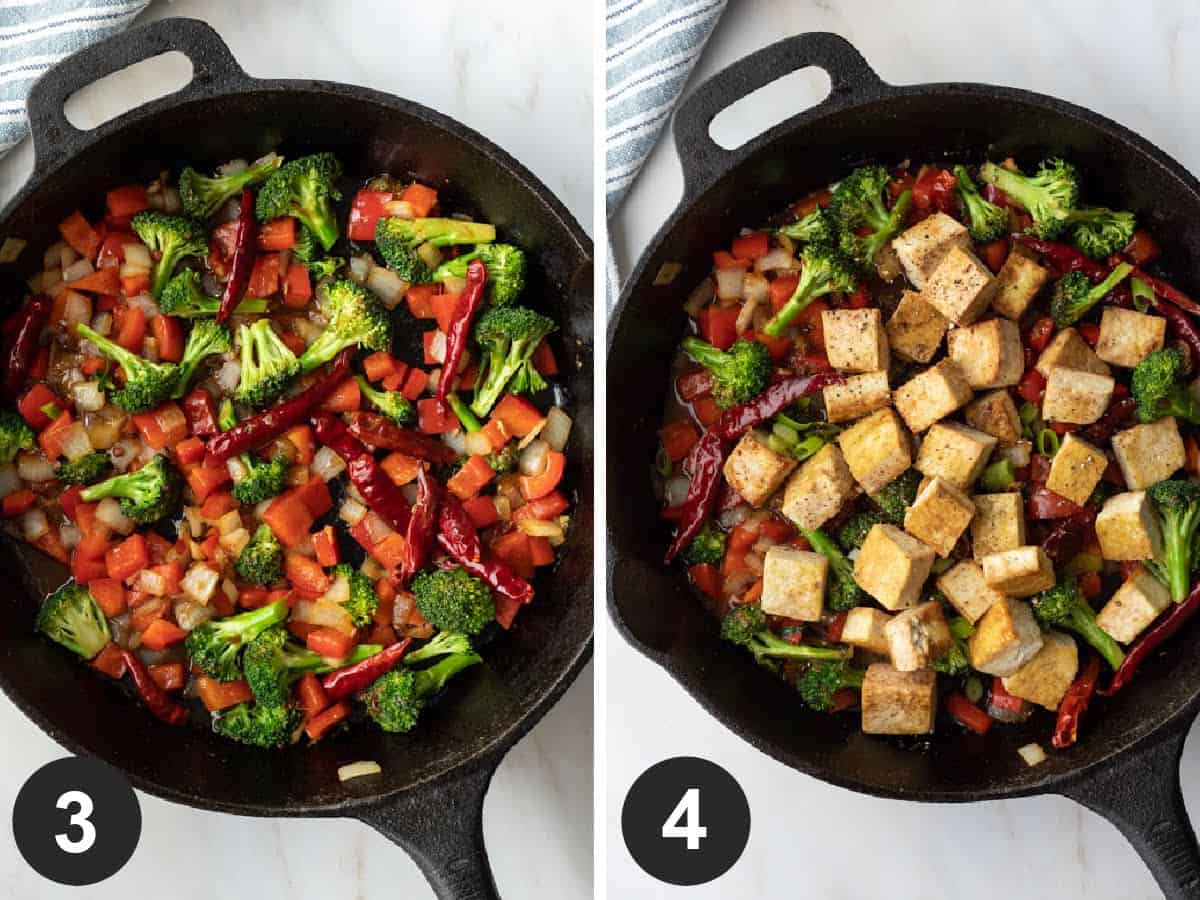 two-photo collage showing steps 3 and 4 of making Szechuan tofu.
