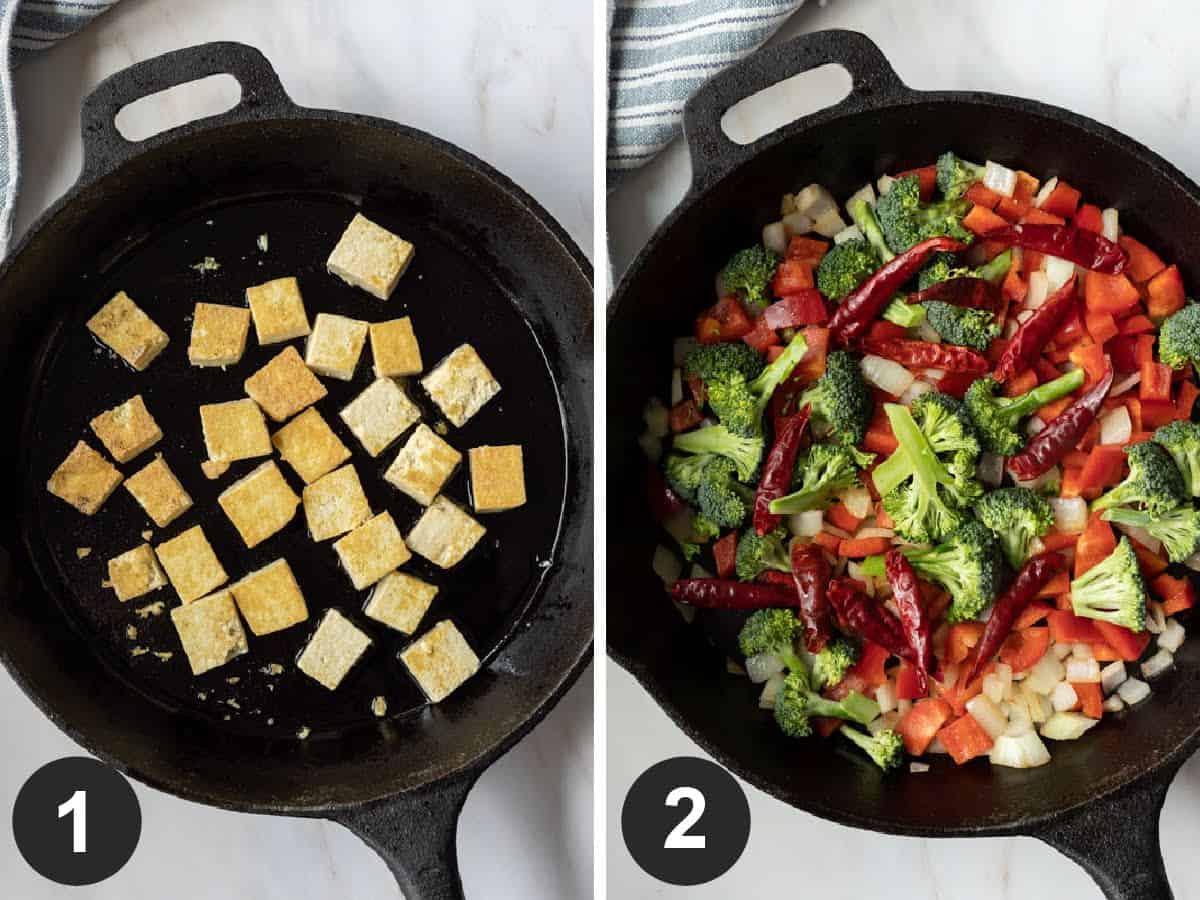 A 2-photo collage showing steps 1 and 2 of making Szechuan tofu.