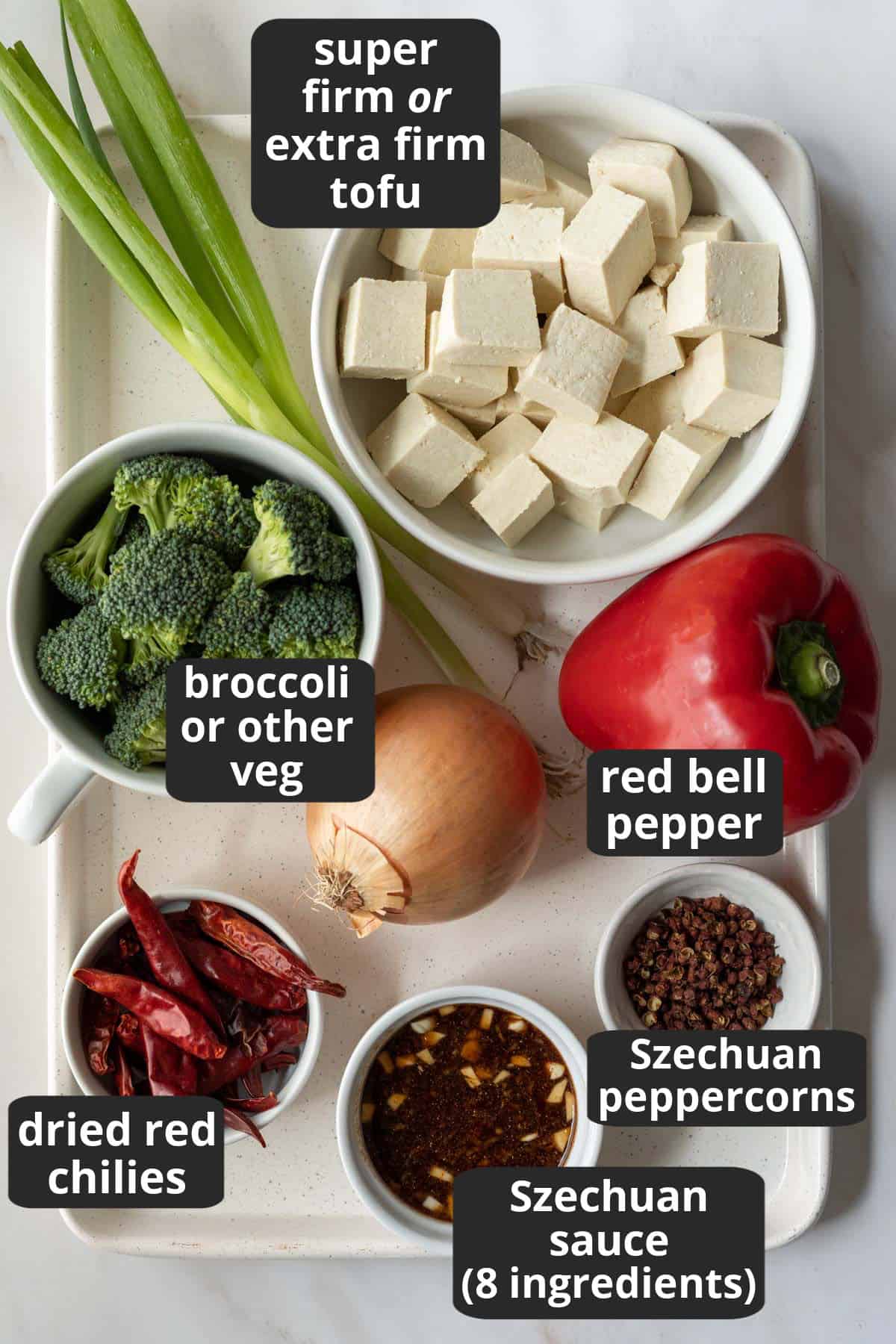 labeled photo of the ingredients needed to make Szechuan tofu at home.