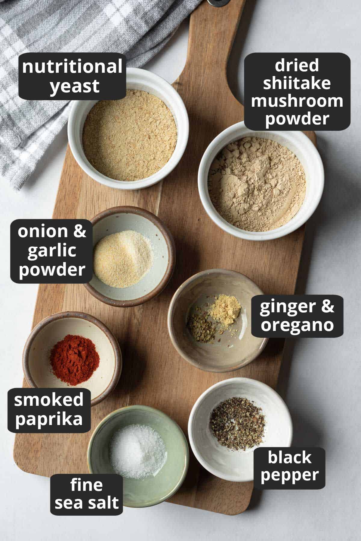 labeled photo of the 9 ingredients needed for the recipe.