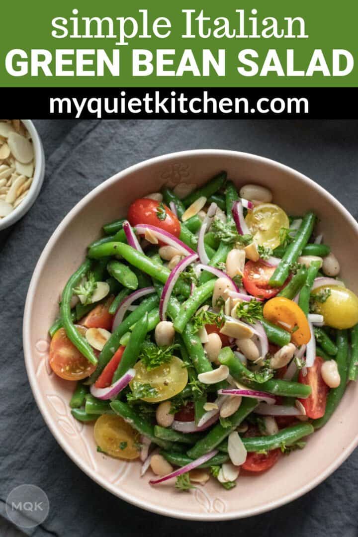 photo of green bean salad with title to save on Pinterest.