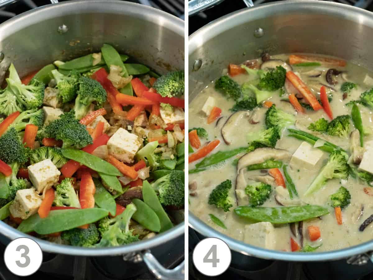 two photos showing adding more vegetables and coconut milk to the pan.