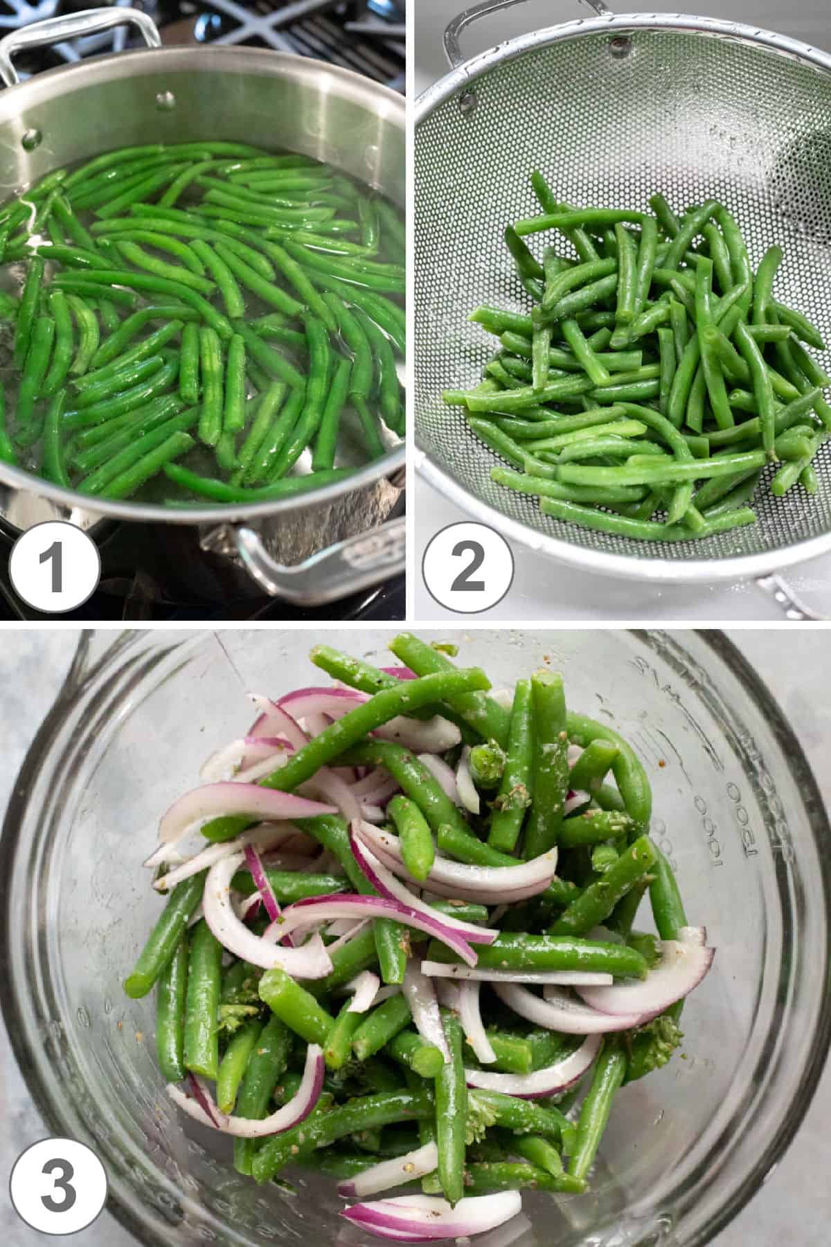 A 3-photo collage showing cooking and draining green beans, then tossing with other ingredients.