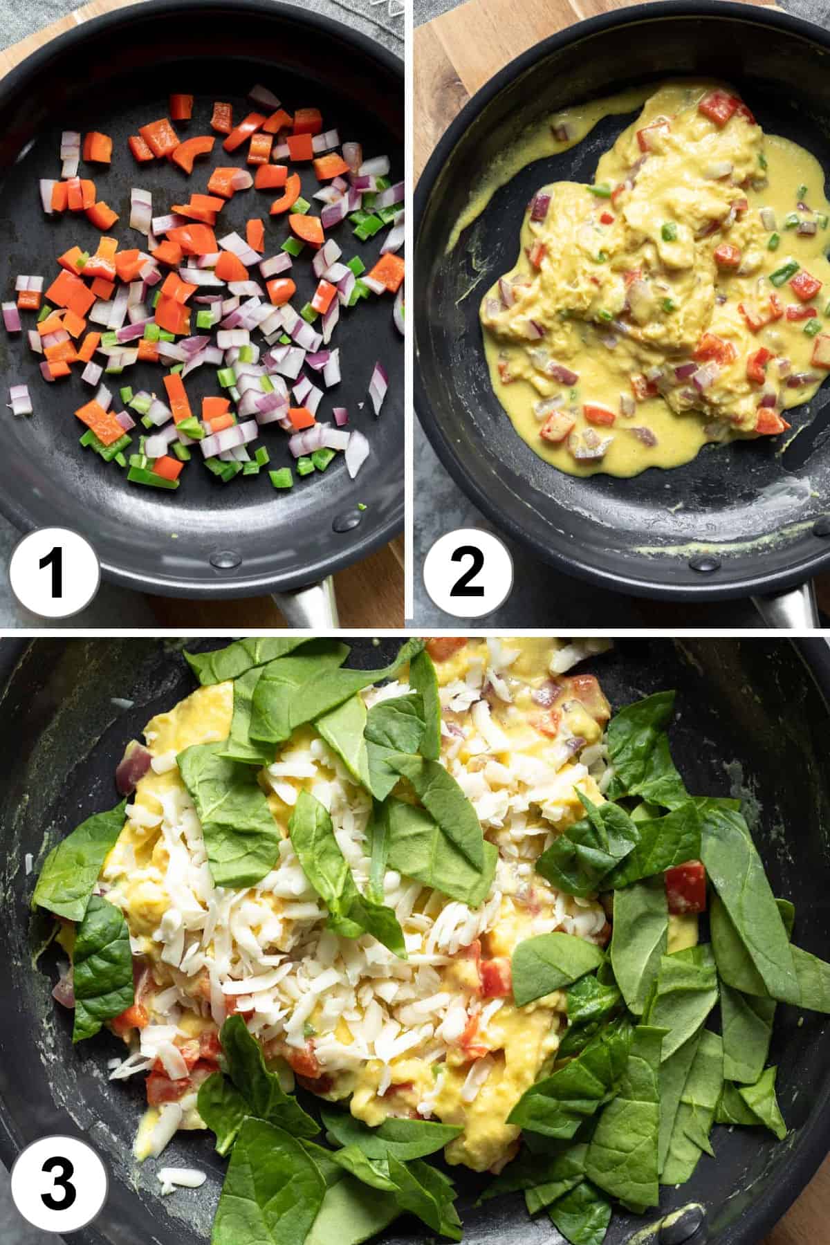 a 3-photo collage showing the progression of cooking the liquid eggs with veggies.