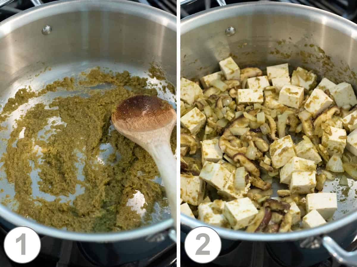 two photos showing the first stages of cooking the curry paste, onion and tofu.