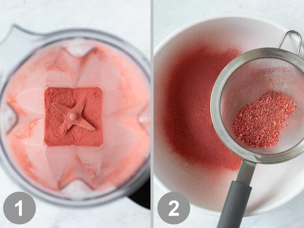 2-photo collage showing how to make strawberry powder.