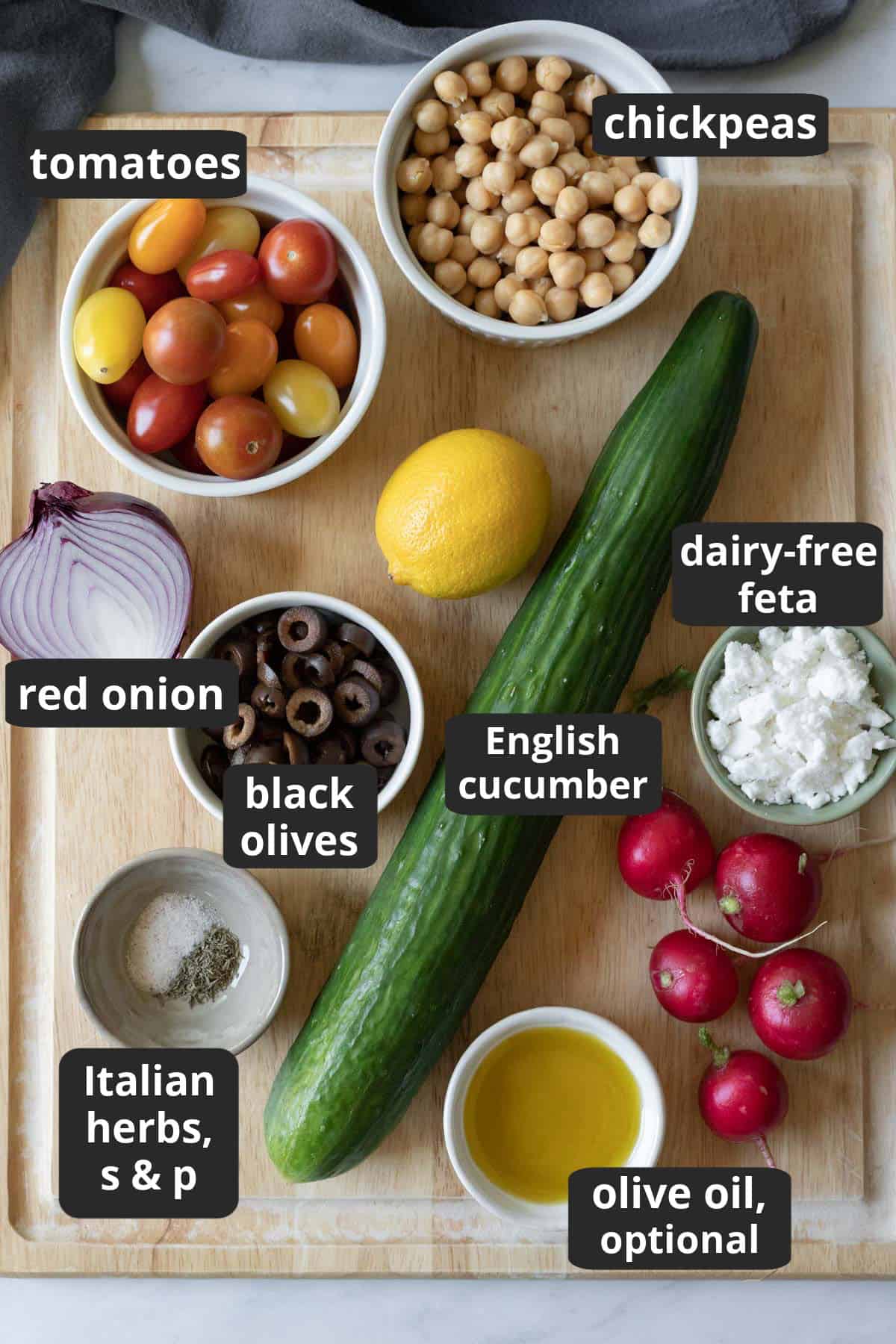 labeled photo of the ingredients needed to prepare Mediterranean cucumber salad.