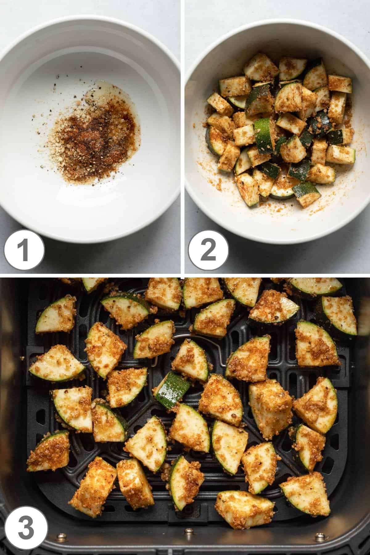 a 3-photo collage showing how to cook zucchini in air fryer.