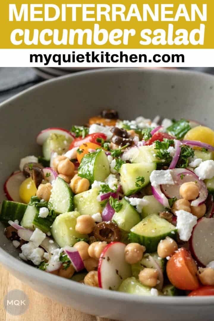close up of cucumber salad with text overlay to save on Pinterest.
