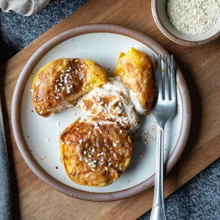 overhead view of air fryer peaches with caramelized maple tahini on top.