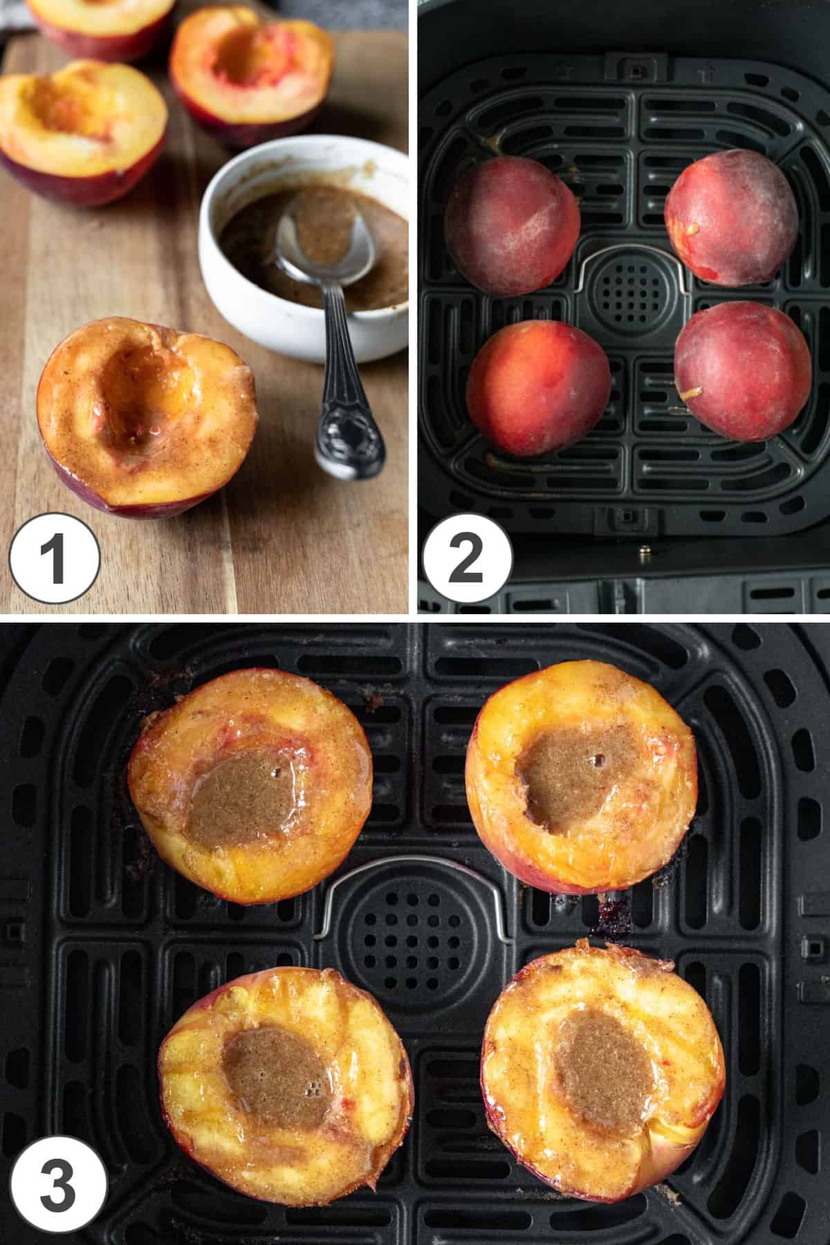 3-photo collage showing how to brush maple-tahini on peach halves and air fry.