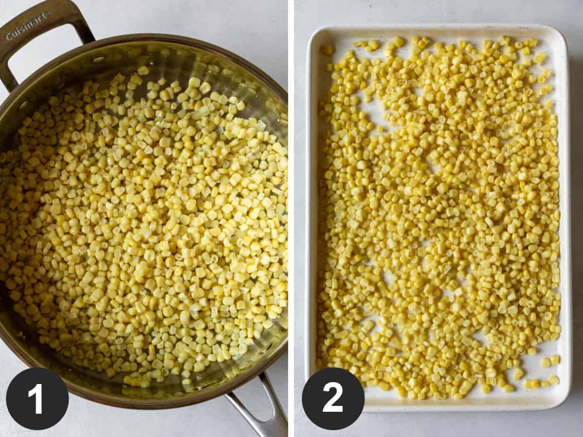 2 photos showing cooking the corn in a pan then spread out to cool.