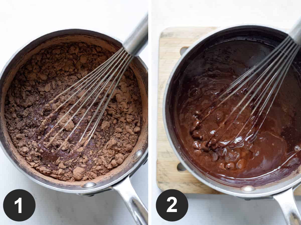 A 2-photo collage showing the uncooked and cooked ganache mixture.