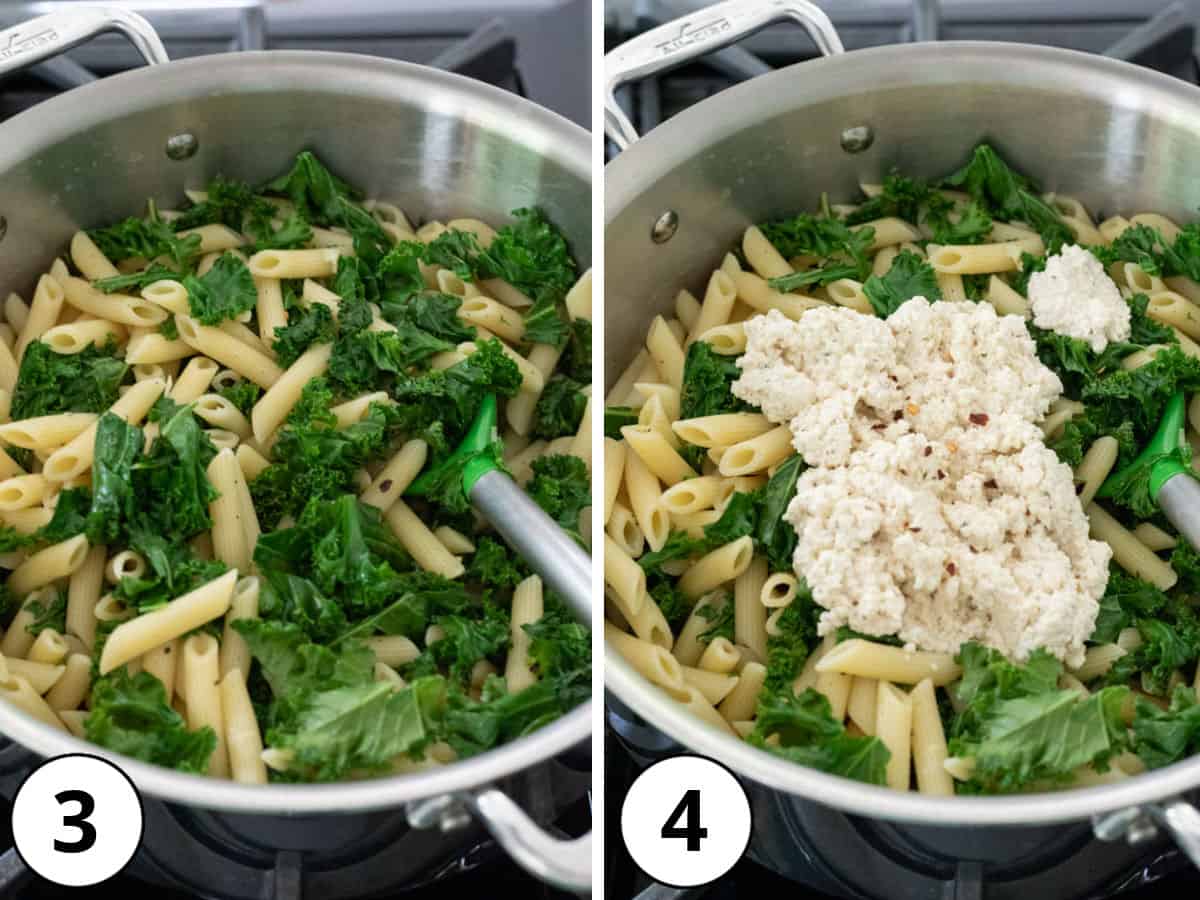 2-photo collage showing the final steps of combining pasta, kale and ricotta.