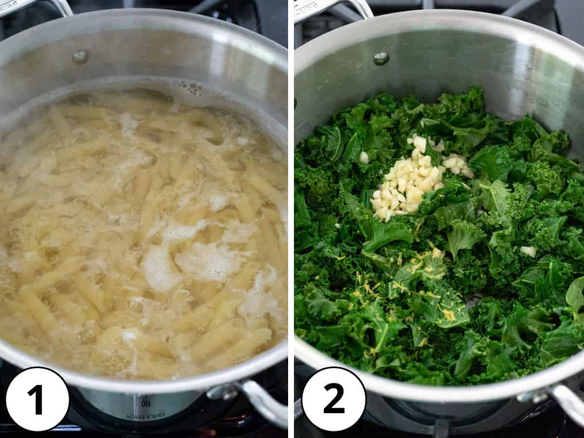 Two photos showing cooking pasta then sauteing kale and garlic.