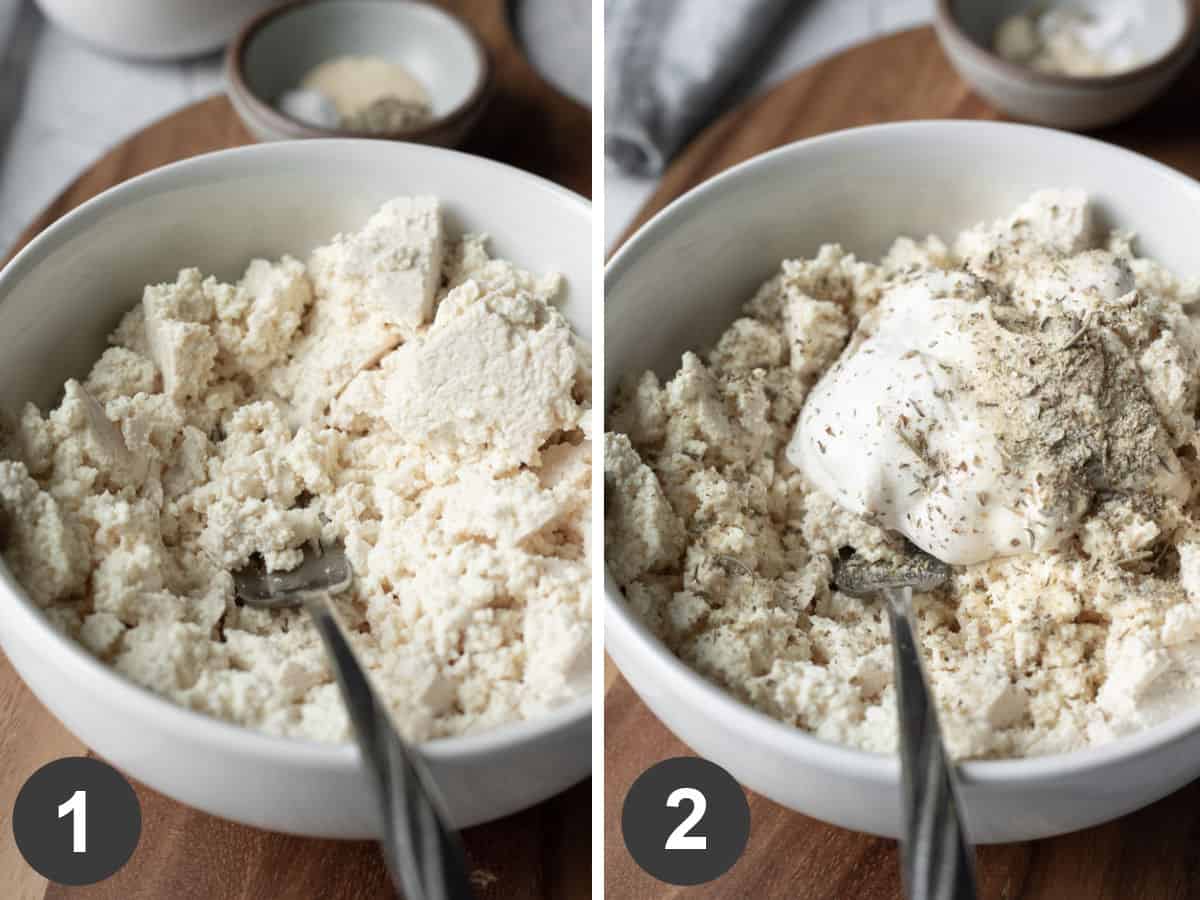 Two photos showing the steps of mashing tofu with yogurt and seasonings.