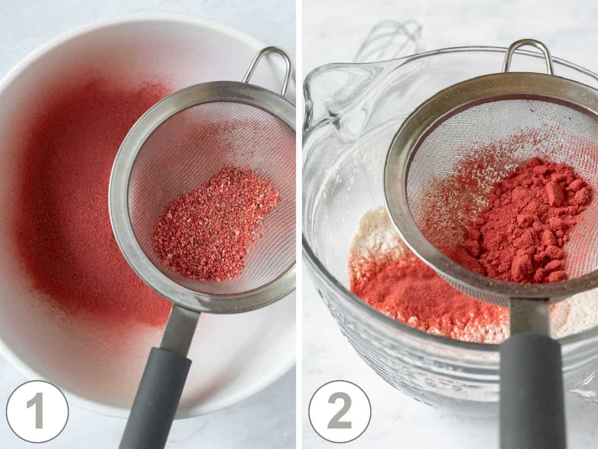 2 photos showing sifting the strawberry powder into dry ingredients.