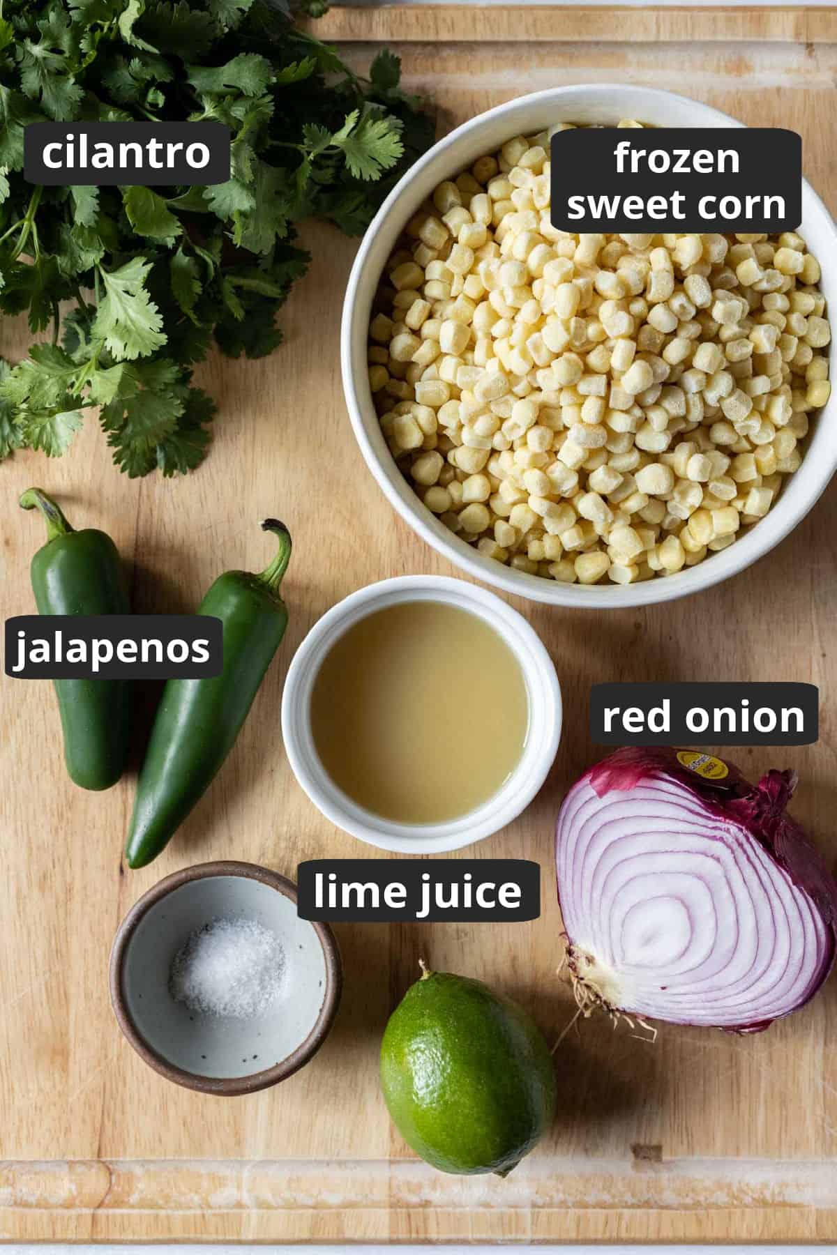 labeled photo of the ingredients needed for Chipotle corn salsa.