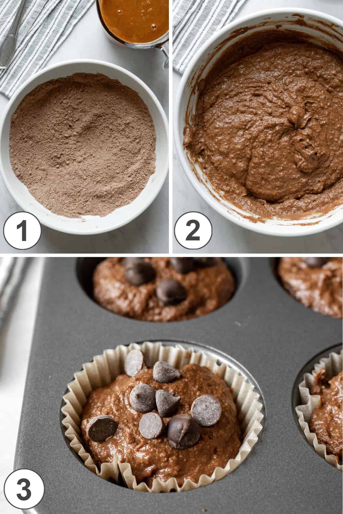a 3-photo collage showing the steps of making the batter and filling muffin tin.