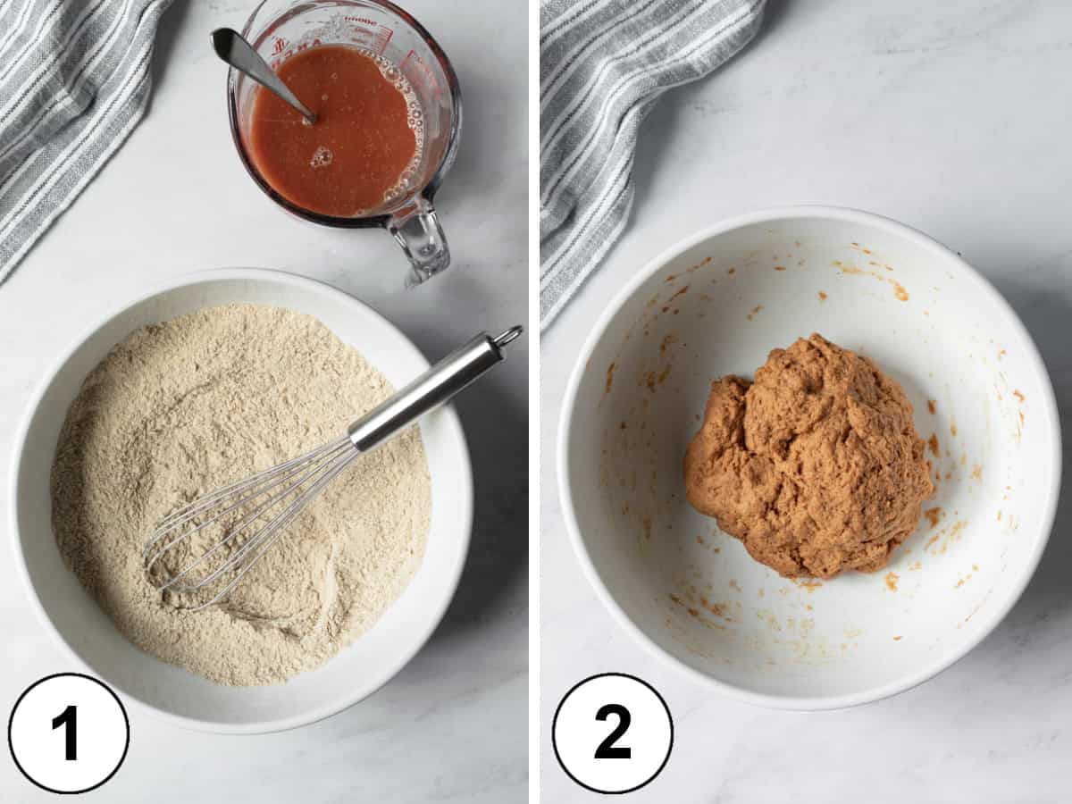 two photos showing how to mix the seitan chorizo dough.