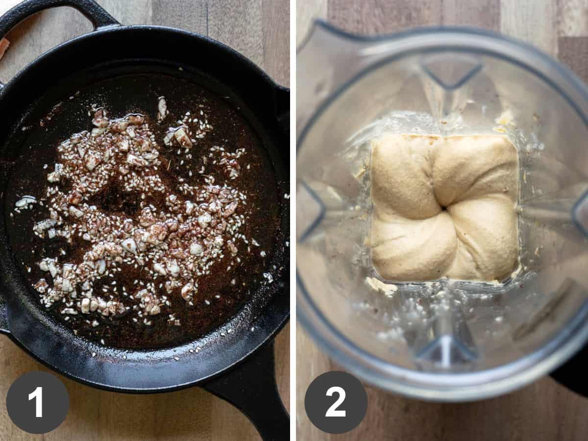 two photos showing briefly blooming zaatar and garlic in skillet then blending all ingredients for hummus.