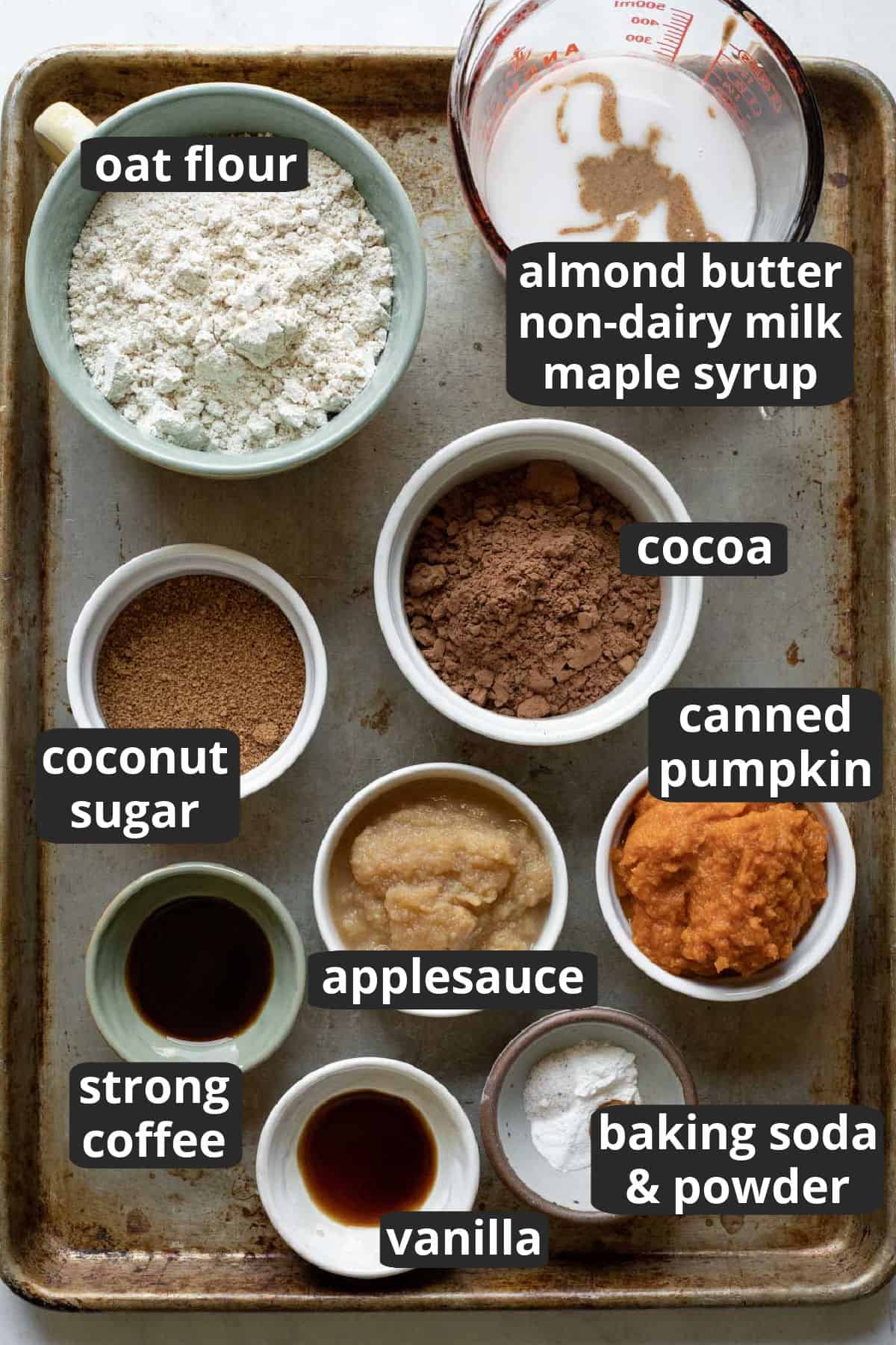 a labeled photo of the 14 ingredients needed to make vegan chocolate muffins.