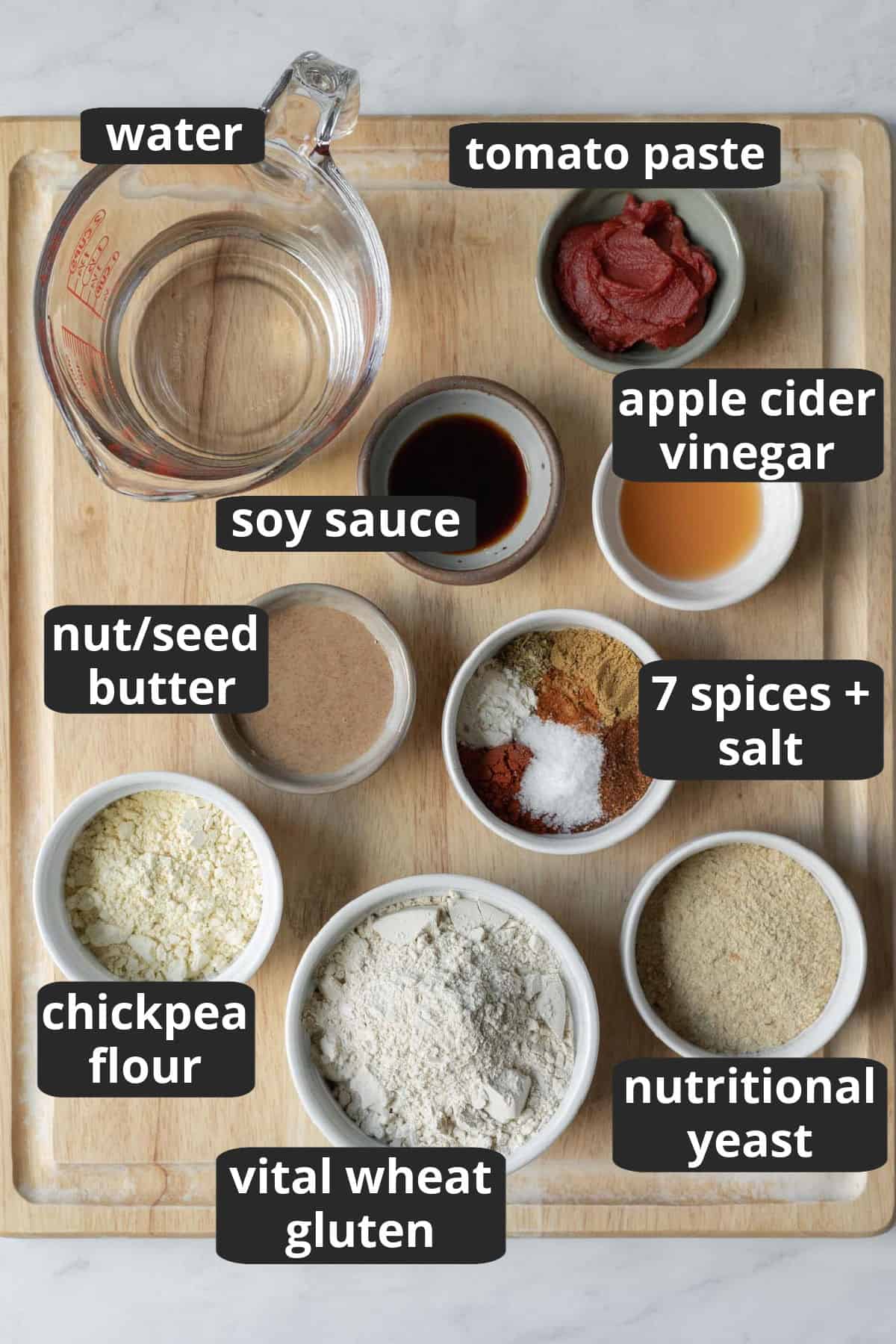 labeled photo of ingredients laid out on a large cutting board.
