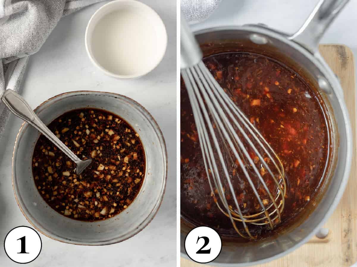 a 2-photo collage showing mixing sauce ingredients then heating on the stove to thicken.