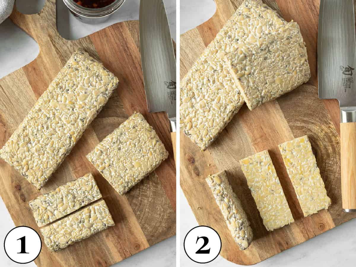 2 photos showing how to cut tempeh for bbq tempeh recipe.