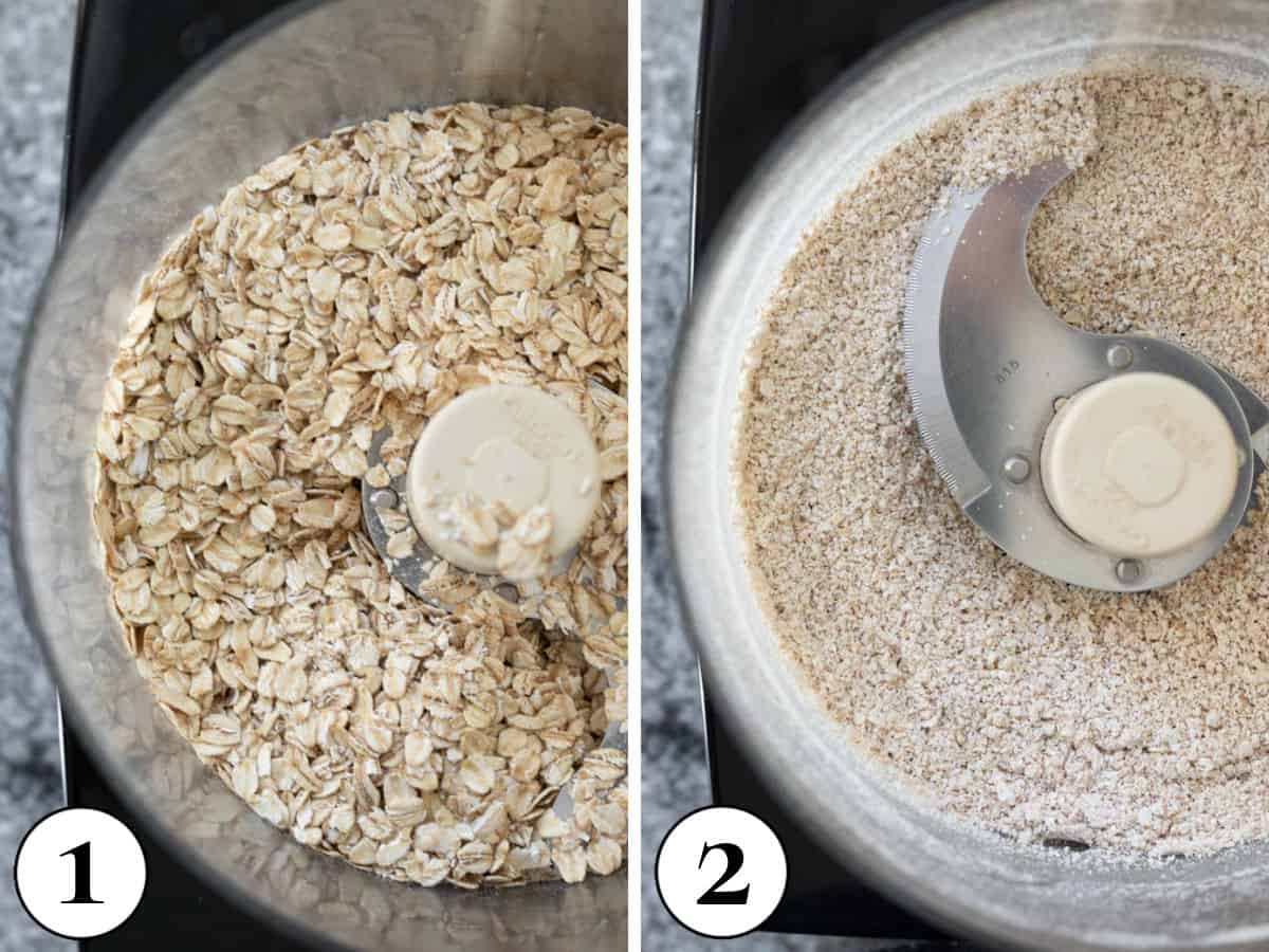 two photos showing oats blended into flour.