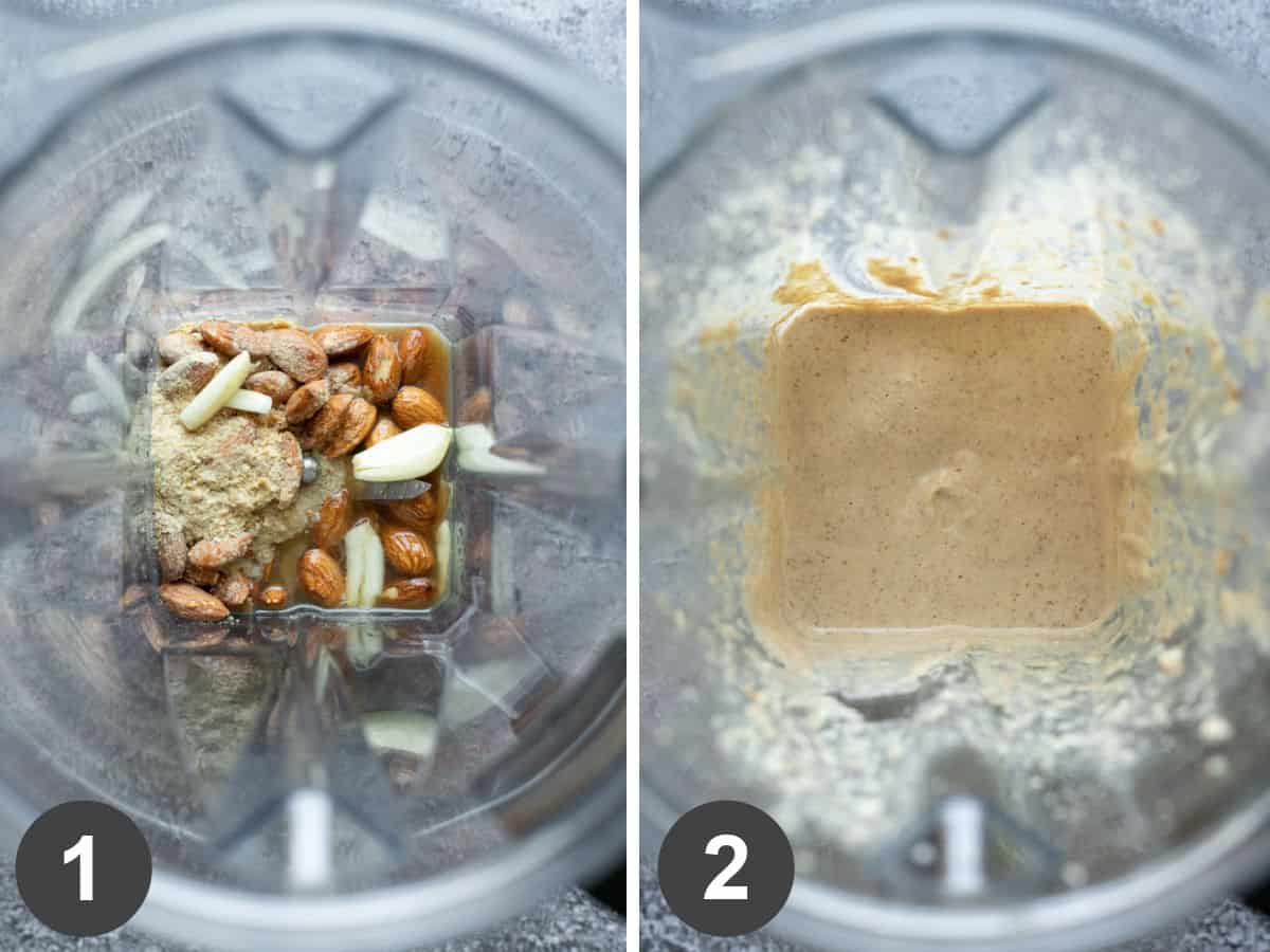two photos with ingredients inside a blender, before and after blending.