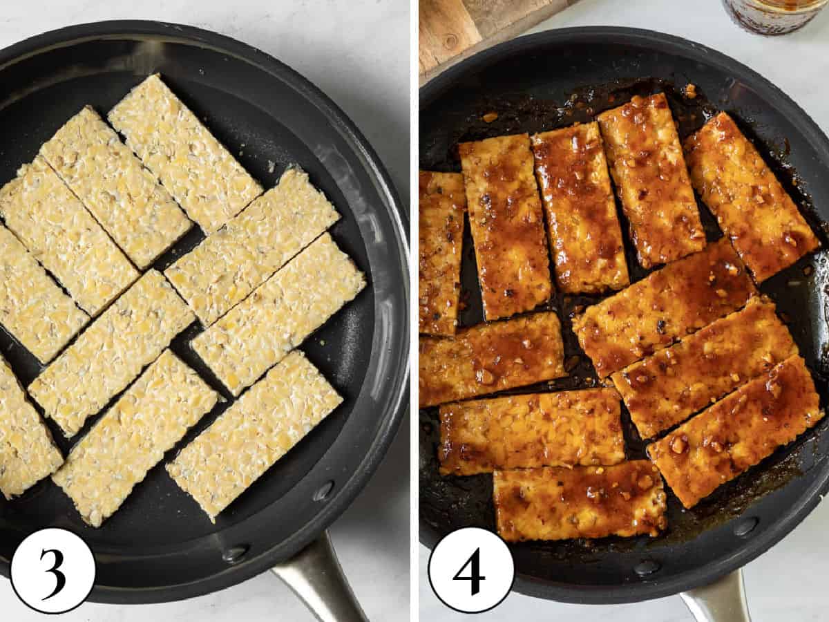 two photos showing steaming tempeh first then cooking with Korean bbq sauce.