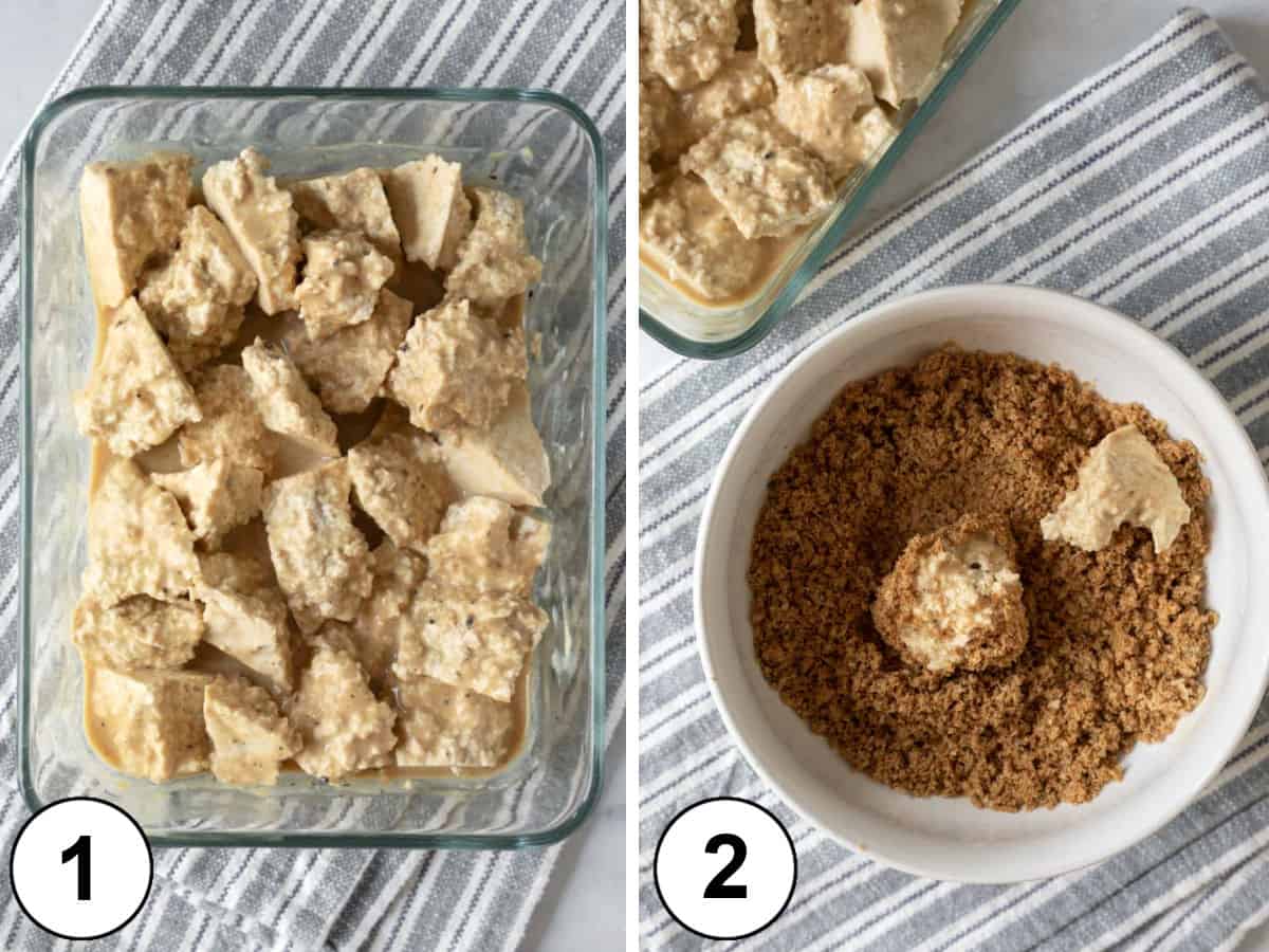 Two photos of coating the torn tofu in soy milk batter then rolling in seasoned nutritional yeast.