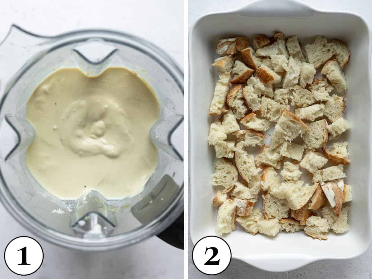 two photos showing blending the tofu egg mixture plus bread spread in baking dish.