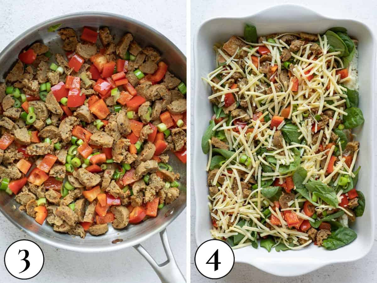 two photos showing sauteing sausage and veggies and layering ingredients in baking dish.