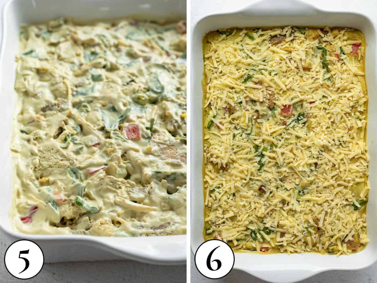 a 2-photo collage showing the final steps of baking the casserole with cheese on top.