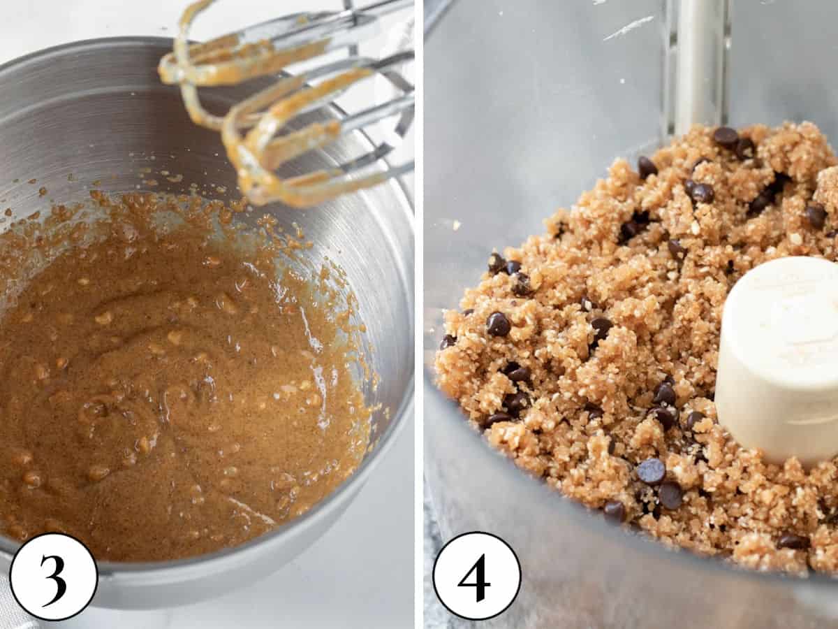 two photos showing how to blend wet ingredients into the flour for cookie dough.