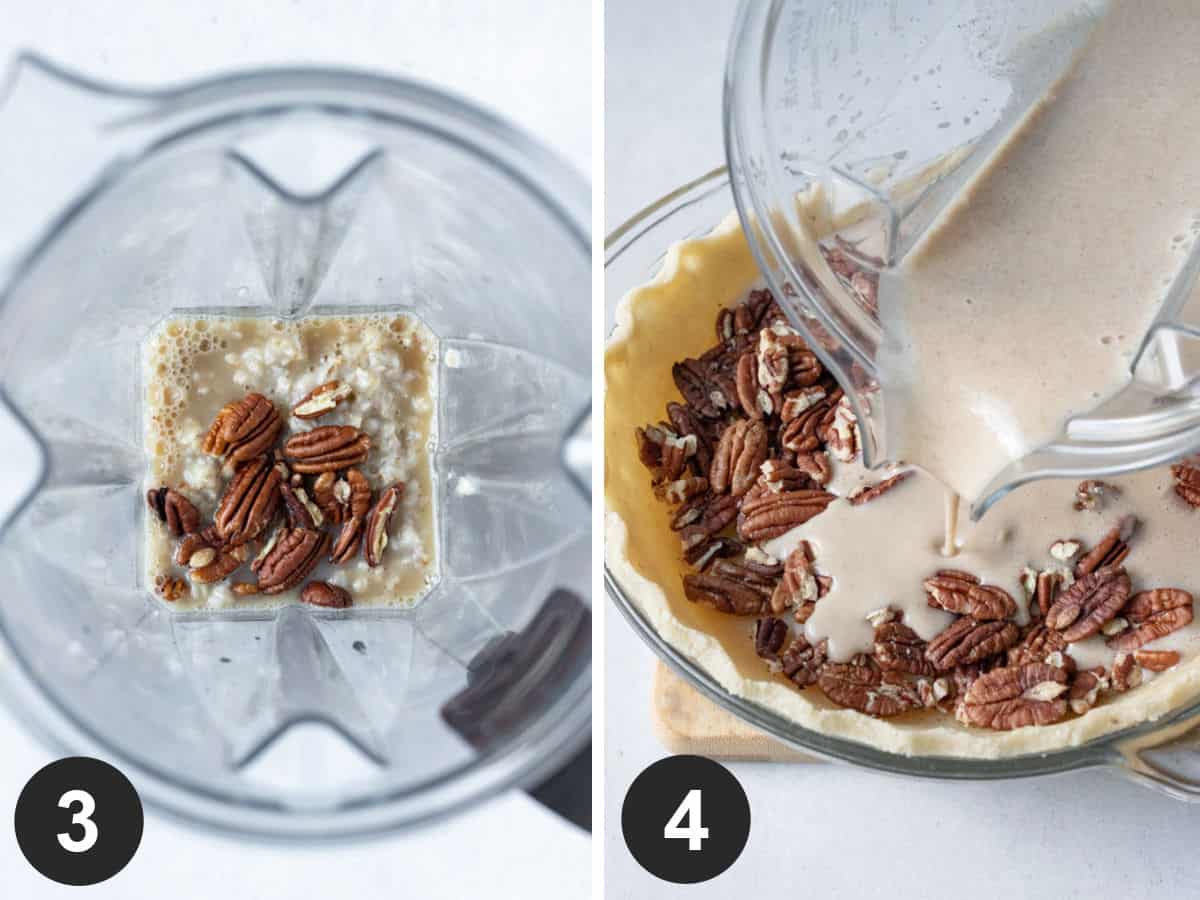 a 2-photo collage showing ingredients inside blender and being poured over pecans into the pie crust.