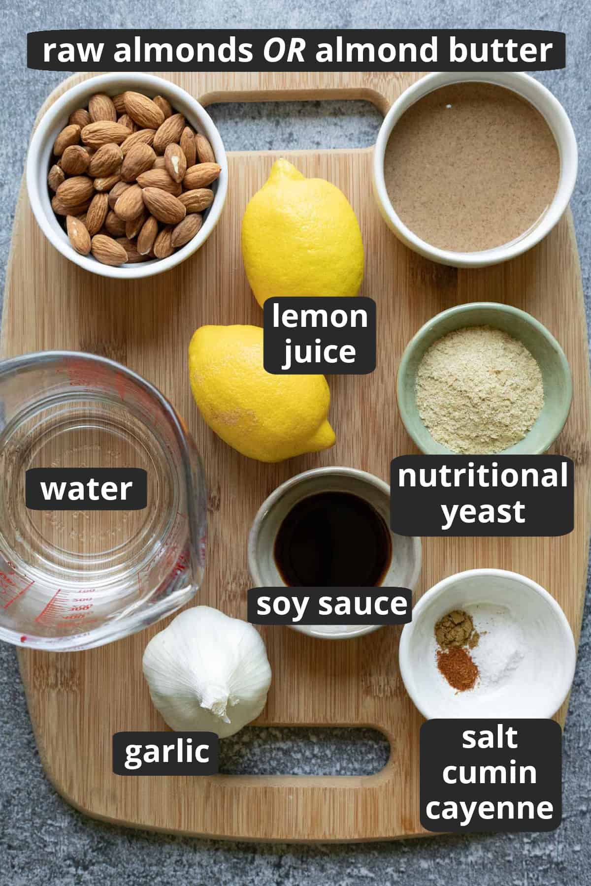 labeled photo of the 8 ingredients needed to make Bitchin Sauce at home.
