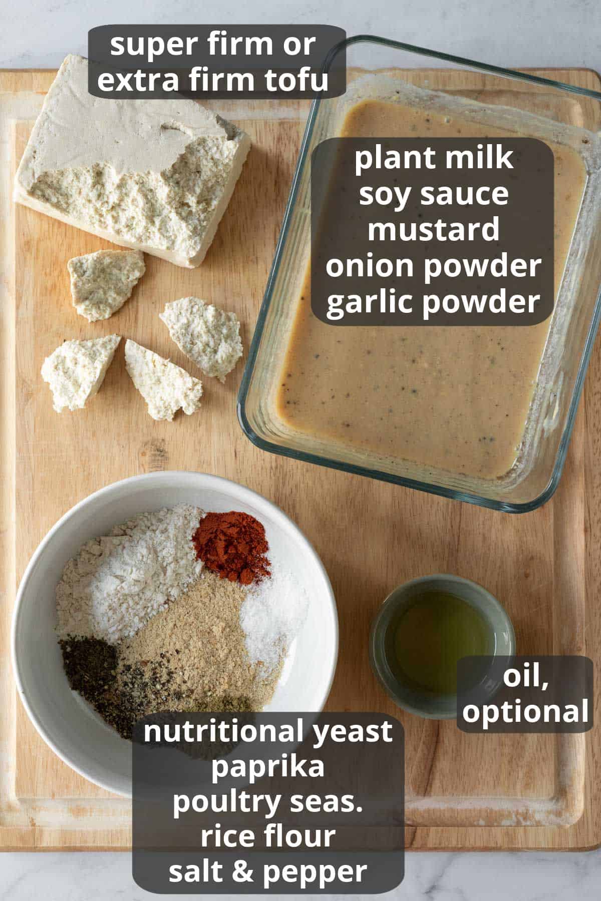 a labeled photo of the ingredients needed for tofu nuggets.