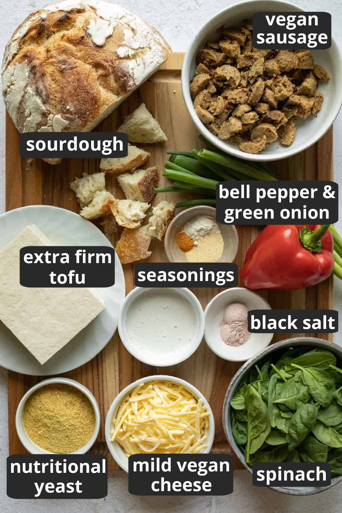 labeled photo of the ingredients needed to make breakfast casserole.