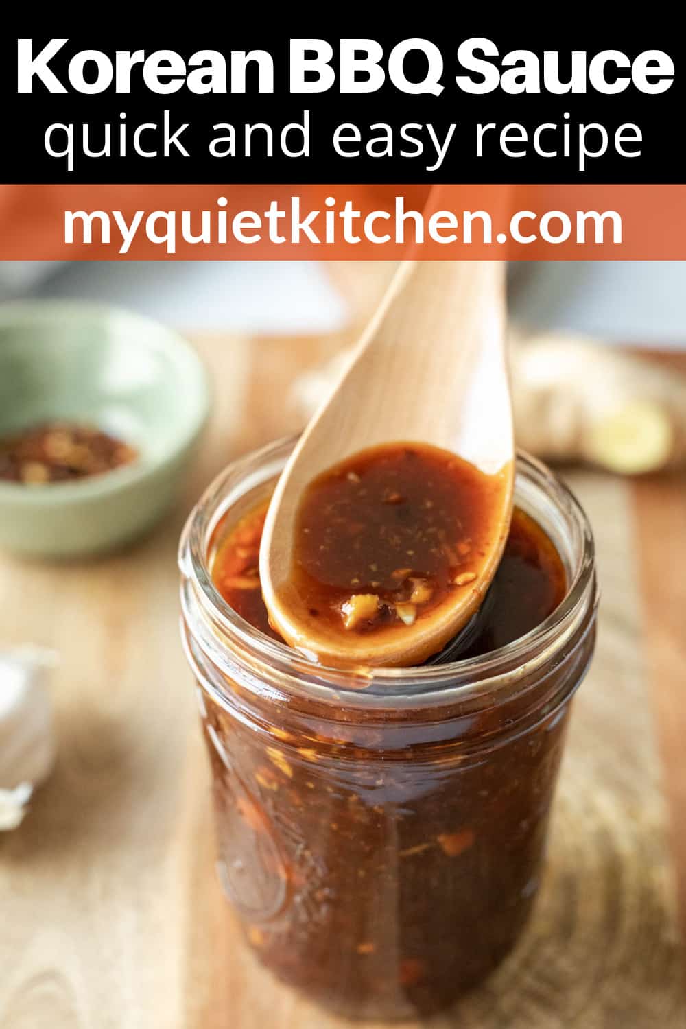 jar of Korean BBQ sauce with title text overlay to save on Pinterest.