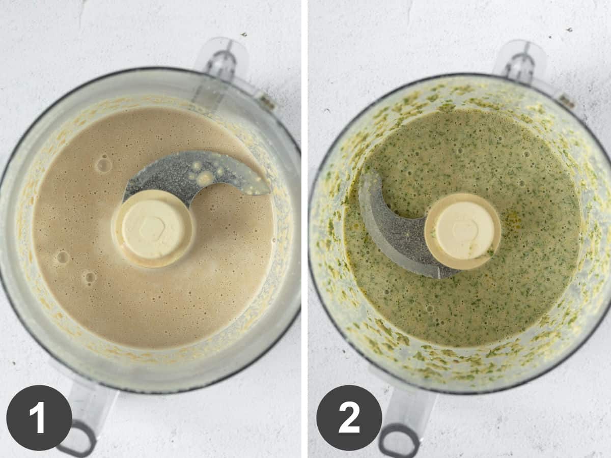 two photos showing the steps of blending the almond sauce.