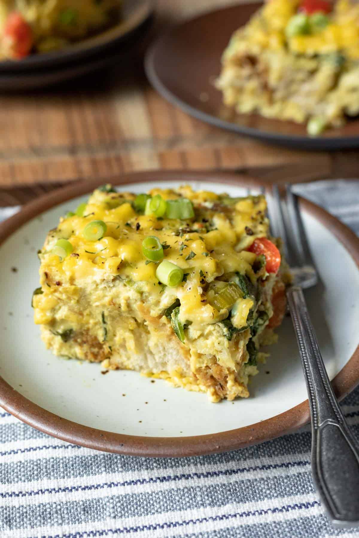 a serving of tofu egg casserole on a small plate.