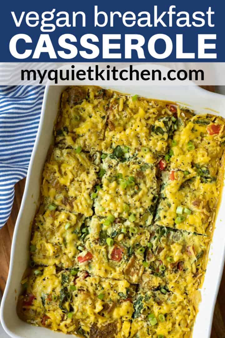 tofu egg breakfast casserole with text overlay to save on Pinterst.