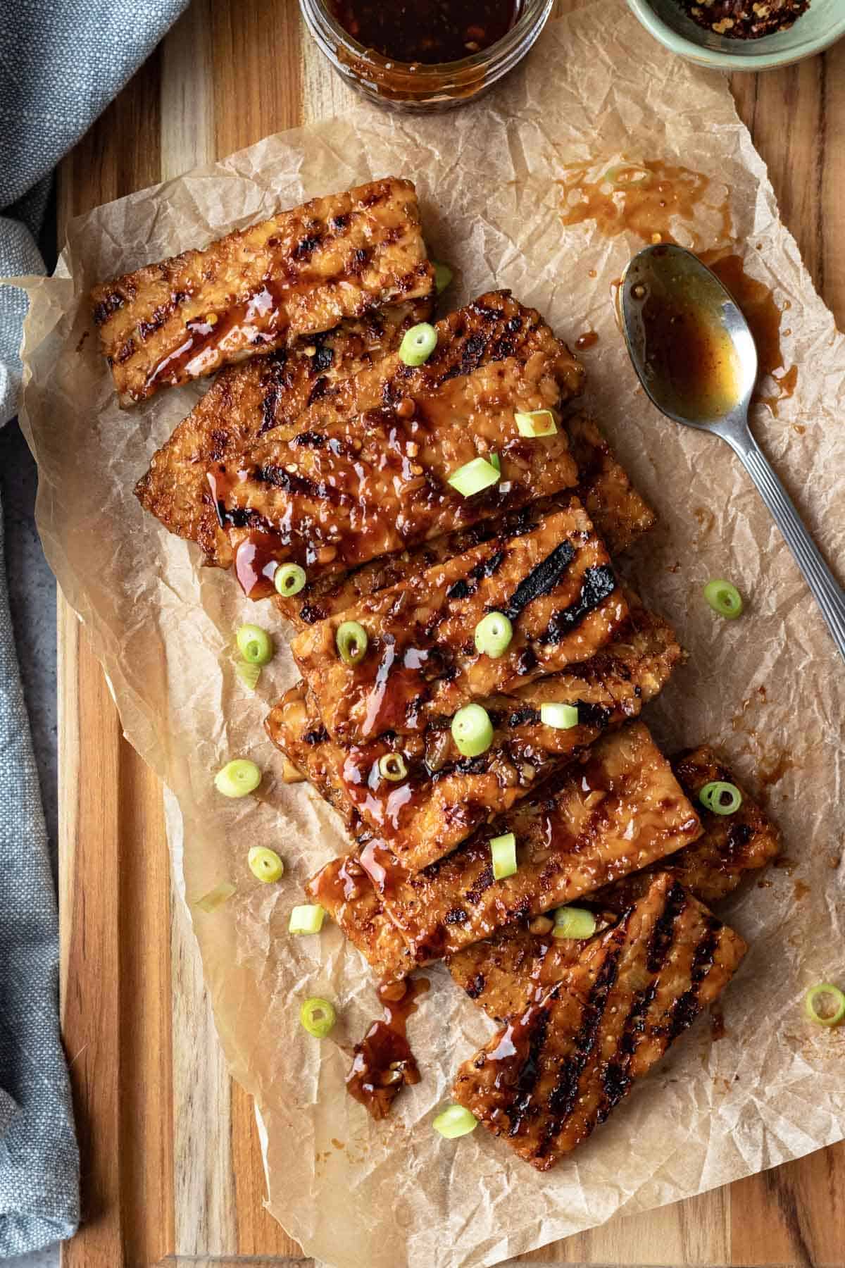 grilled tempeh steaks coated in sticky Korean BBQ Sauce.