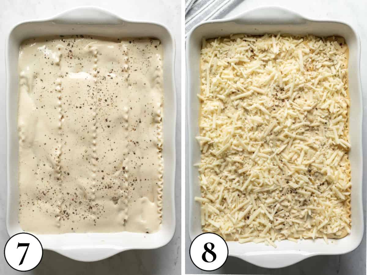 two photos showing the final layers of white lasagna, ending with sauce then shredded cheese.