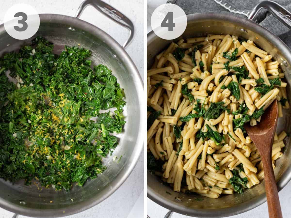 a 2-photo collage showing when to add the kale, lemon, and pasta to the pot.