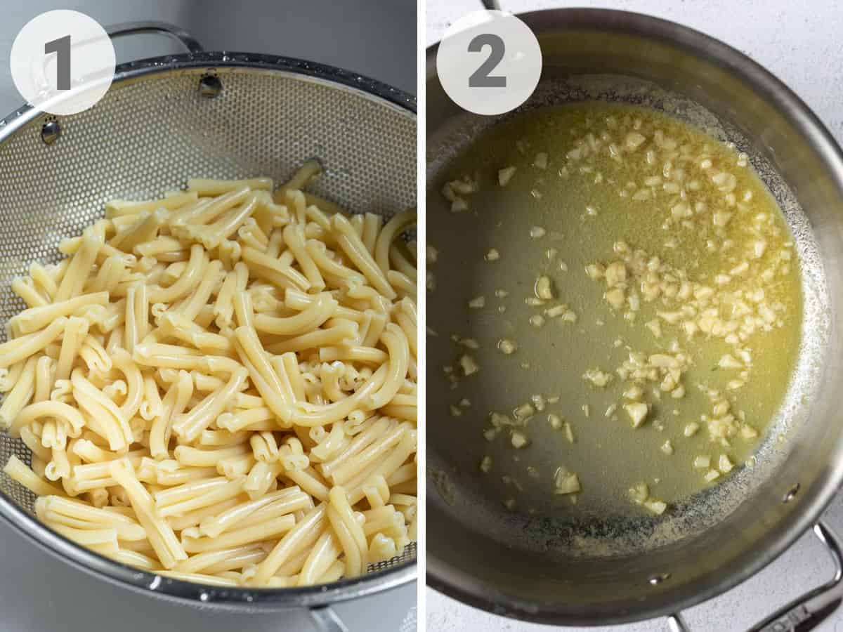 casarecce pasta draining in a colander and garlic being sauteed in butter.