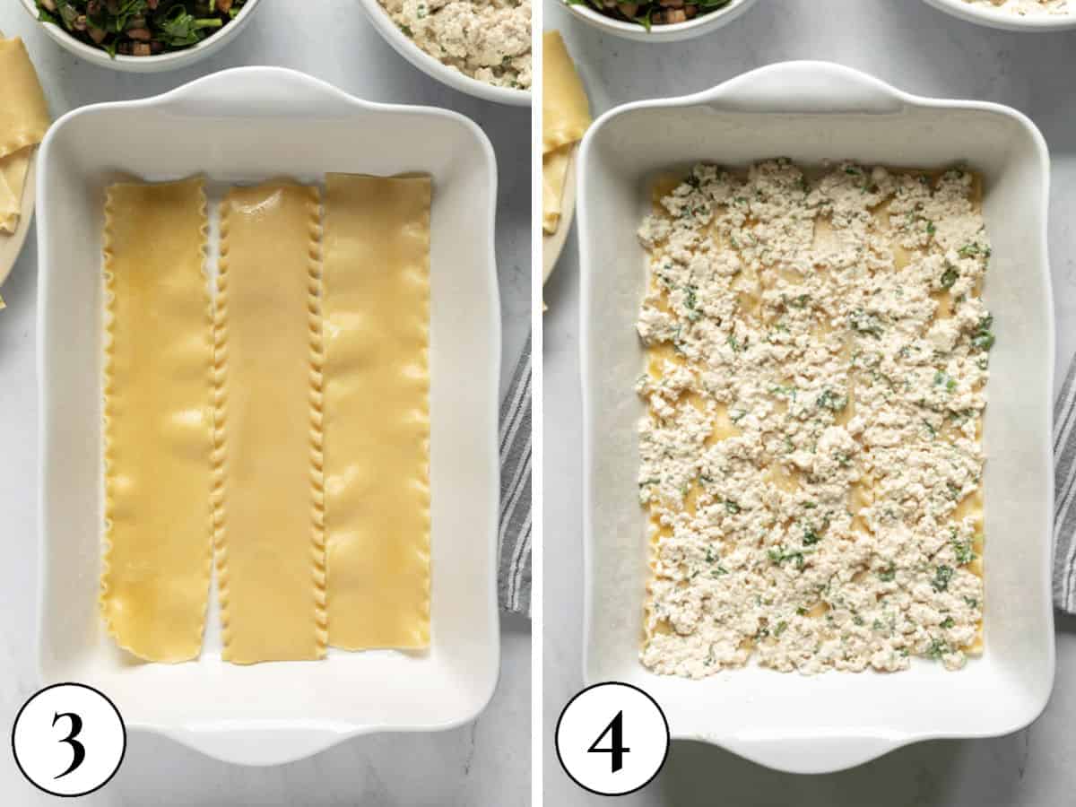 a 2-photo collage showing how to layer lasagna in a baking dish.